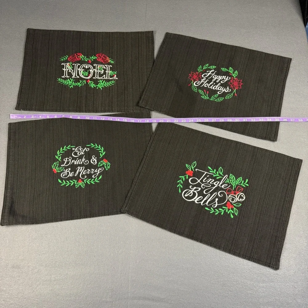 Lot of 4 Christmas Black Dark Fabric Rectangular Placemats Cursive Metallic READ